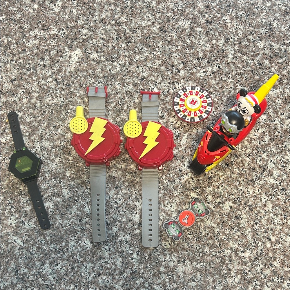 Red and Yellow Lightning Hero Talking Watch Set with toy cycle